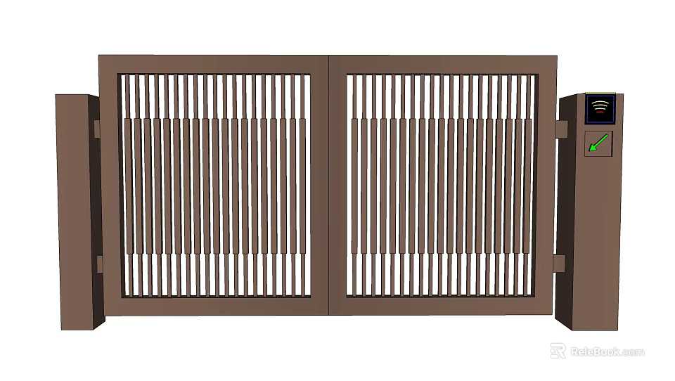 Modern Brown Double Door Entrance Gate With Vertical Slats Design 3d model 