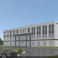 Modern Office Building With White Facade Glass Windows Grand Entrance Spacious Plaza Trees And Lawns
