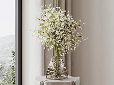 Stylish Geometric Glass Vase With White Small Flowers By Window With Curtains And Natural Light 3d model