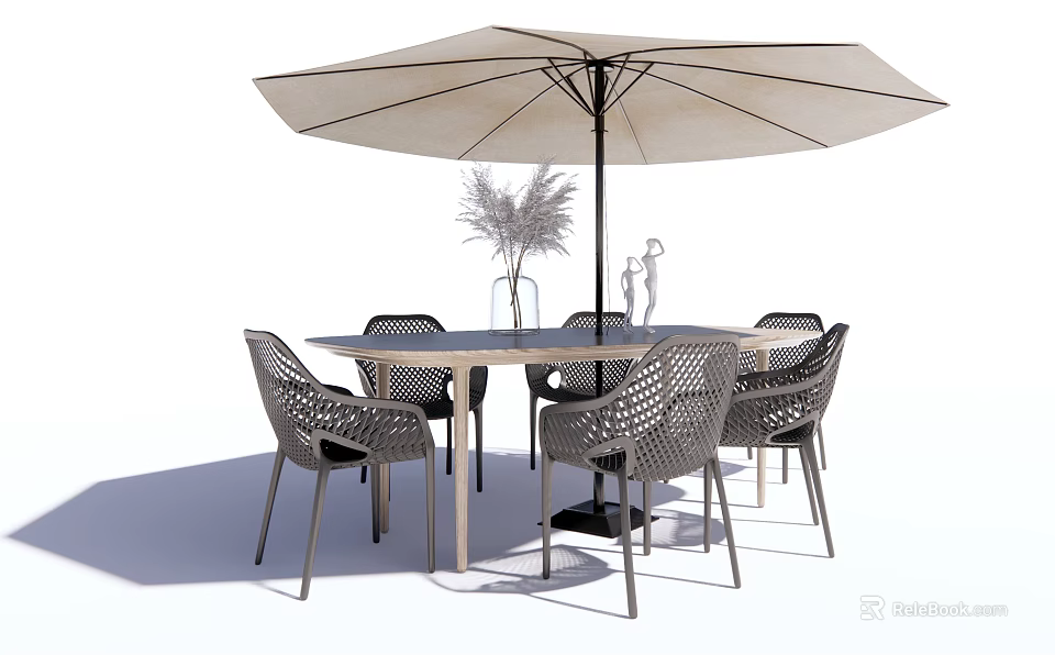 Outdoor Table With Large Umbrella And Woven Chairs For Garden Seating 3d model 
