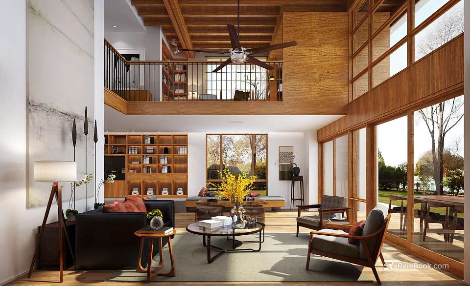 Cozy Duplex Living Room Interior With Wooden Beams Ceiling Fan And Large Windows 3d model 