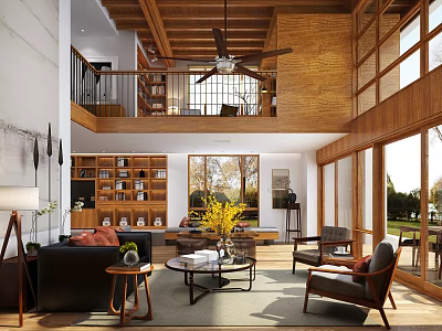 Cozy Duplex Living Room Interior With Wooden Beams Ceiling Fan And Large Windows 3d model