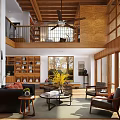 Cozy Duplex Living Room Interior With Wooden Beams Ceiling Fan And Large Windows