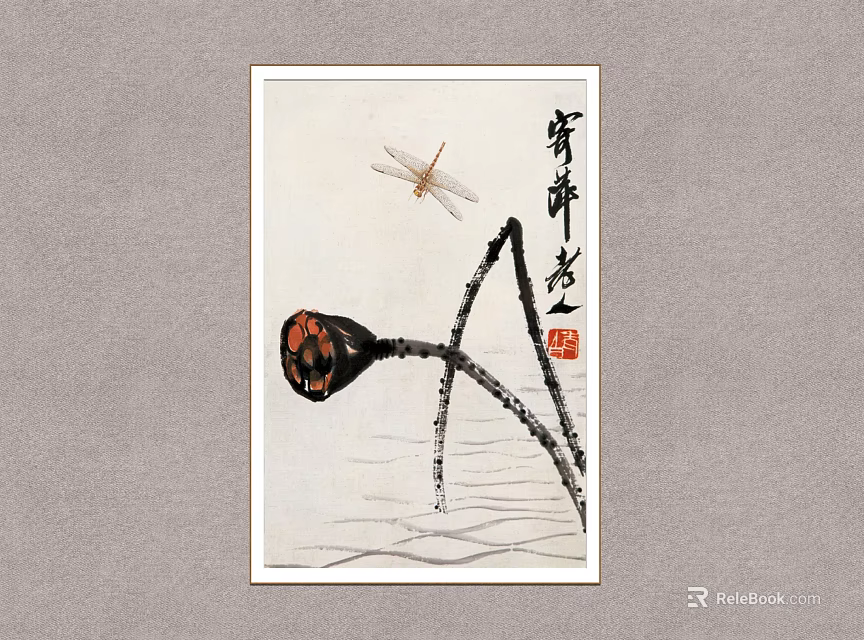 Traditional Ink Plant Painting With Lotus Pod Dragonfly And Water Waves 3d model 