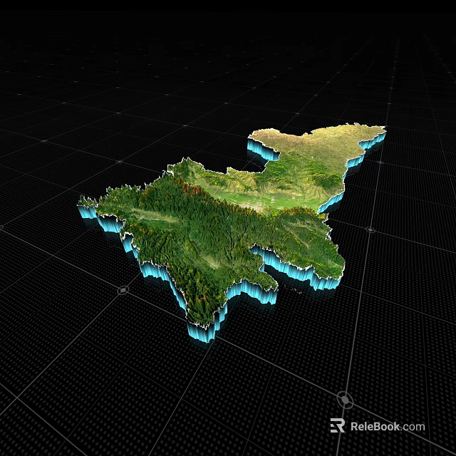 3D Topographic Terrain Model With Green Mountain Ranges And Blue Edges On Grid Background 3d model 
