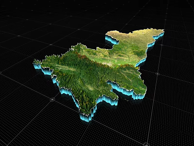 3D Topographic Terrain Model With Green Mountain Ranges And Blue Edges On Grid Background 3d model