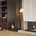 Cozy Interior With Black Walls Fireplaces White Louvered Cabinets Wood Stack And Floor Lamp