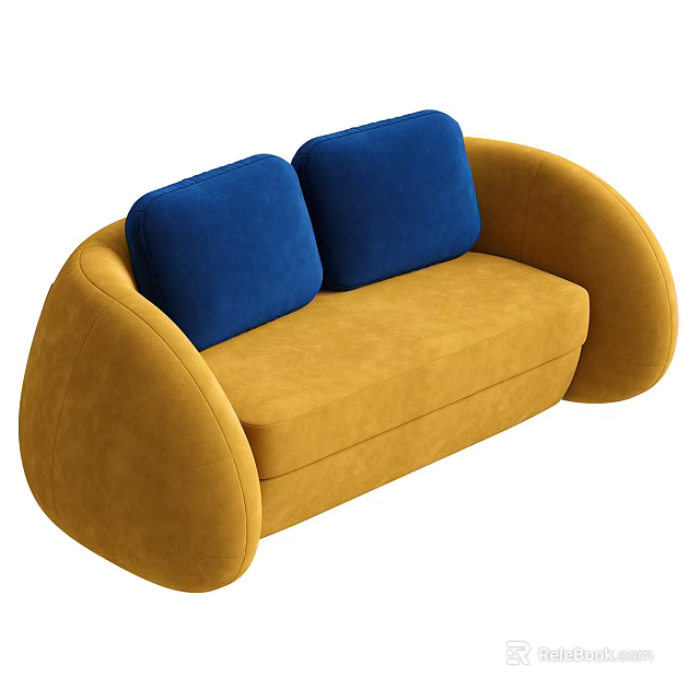 Modern Yellow Two Seater Sofa With Blue Cushions And Rounded Design 3d model