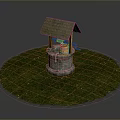 Traditional Well Structure With Thatched Roof Stone Base And Wooden Bucket On Grass