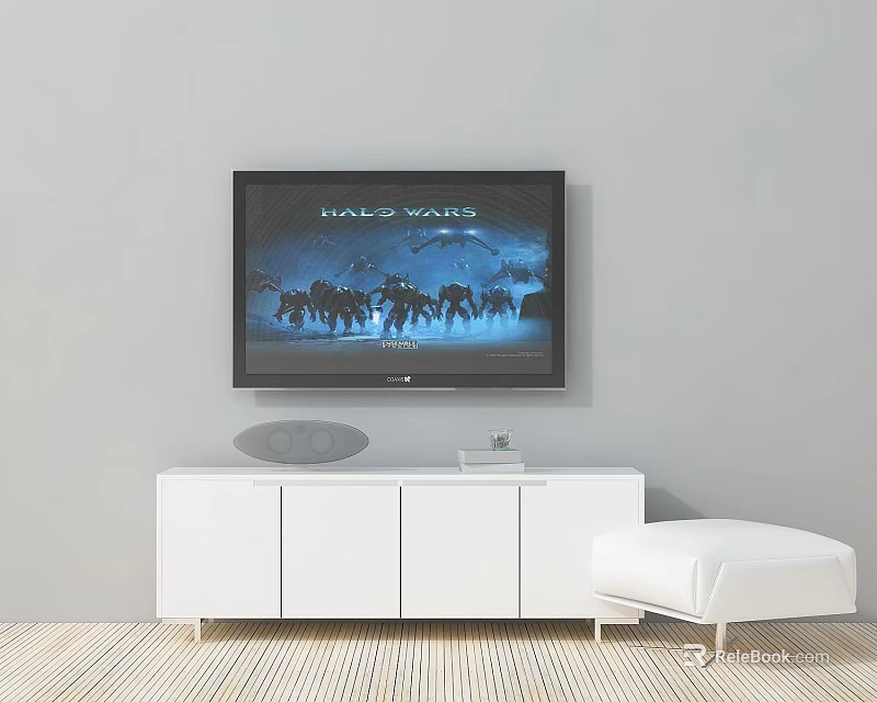Modern White TV Stand With TV And White Ottoman In Minimalist Living Room 3d model 