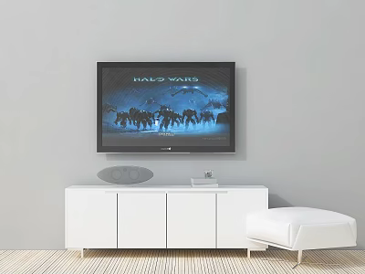 Modern White TV Stand With TV And White Ottoman In Minimalist Living Room 3d model