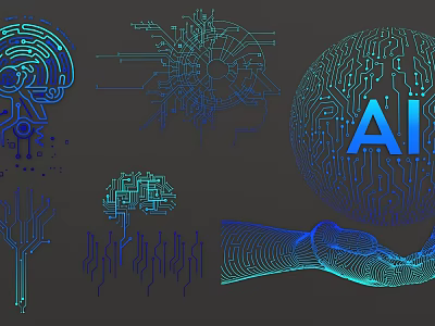 AI Digital Brain Technology With Circuit Network And Tech Elements Design 3d model