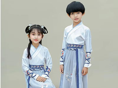 Traditional Hanfu Dressed Woman With Children In Blue Embroidered Outfits 3d model