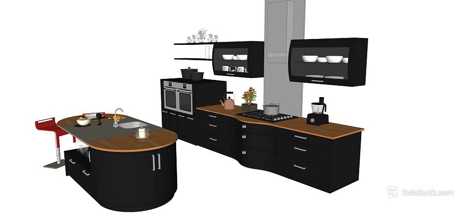 Modern Kitchen Interior With Black Cabinets Wooden Countertop And Appliances 3d model 
