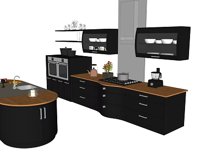 Modern Kitchen Interior With Black Cabinets Wooden Countertop And Appliances 3d model