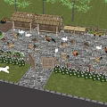 Rural Farmyard With Thatched Huts Chickens Dog Stone Path And Flower Beds