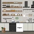 Modern Kitchen Interior With Wall Mounted Shelves Holding Various Cooking Utensils And Kitchenware On Countertop