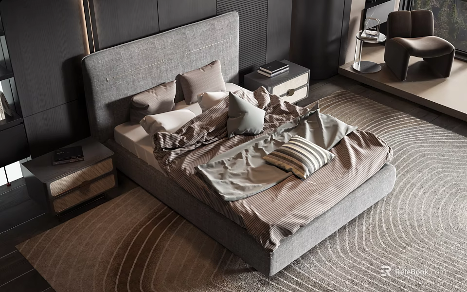 Modern Double Bed Interior with Gray Headboard Soft Pillows Bedspread and Nightstands 3d model 