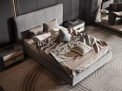 Modern Double Bed Interior with Gray Headboard Soft Pillows Bedspread and Nightstands 3d model