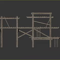 Multi Level Wooden Scaffolding Structure With Planks Support Posts And Ladder