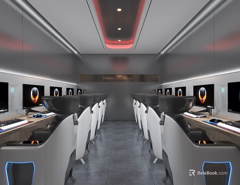 Modern Futuristic Internet Cafe Interior With High Tech Computers And Comfortable Seats 3d model 