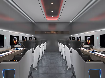 Modern Futuristic Internet Cafe Interior With High Tech Computers And Comfortable Seats 3d model