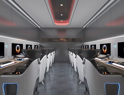 Modern Futuristic Internet Cafe Interior With High Tech Computers And Comfortable Seats 3d model