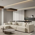 Modern Beige L-shaped Sofa Coffee Table Set with Round Table Wooden Accents and Green Plant
