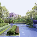 Scenic Park Landscape With Blue Tennis Court Purple Flowering Tree Benches And Greenery