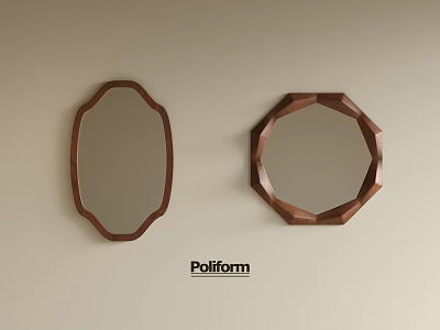 Two Different Shaped Mirrors With Wooden Frames On Beige Wall By Poliform 3d model
