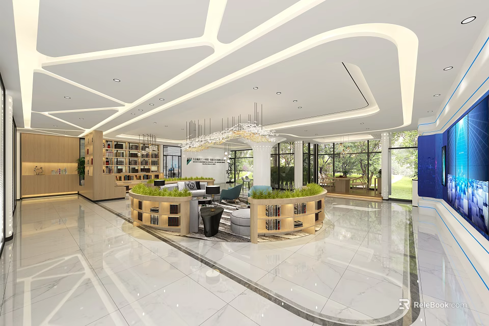 Modern Reception Desk Space With Chandelier Bookshelves Green Plants Large Windows And Bright Lighting 3d model 