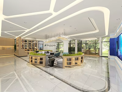 Modern Reception Desk Space With Chandelier Bookshelves Green Plants Large Windows And Bright Lighting 3d model