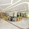 Modern Reception Desk Space With Chandelier Bookshelves Green Plants Large Windows And Bright Lighting