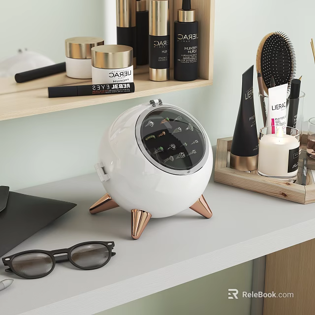 Decorative Ornament Set with White Spherical Brass Base Hairbrush Cosmetic Bottles Candle Eyeglasses on Tabletop 3d model 