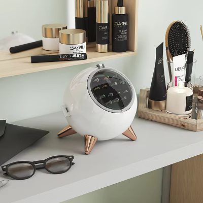 Decorative Ornament Set with White Spherical Brass Base Hairbrush Cosmetic Bottles Candle Eyeglasses on Tabletop 3d model