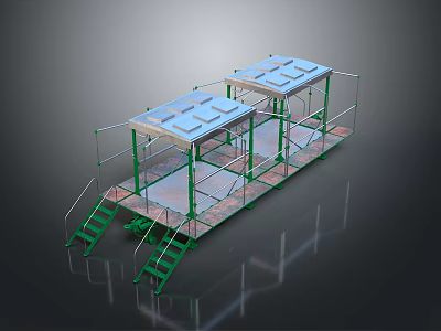Green Metal Construction Scaffolding With Platform Stairs And Roof Structure 3d model