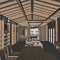 Cozy Indoor Space Featuring Wooden Ceiling Brick Walls Long Tables And Bookshelves