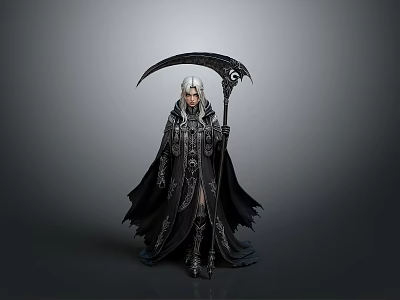 Dark Fantasy Grim Reaper Figure With White Hair Black Robe And Ornate Scythe 3d model