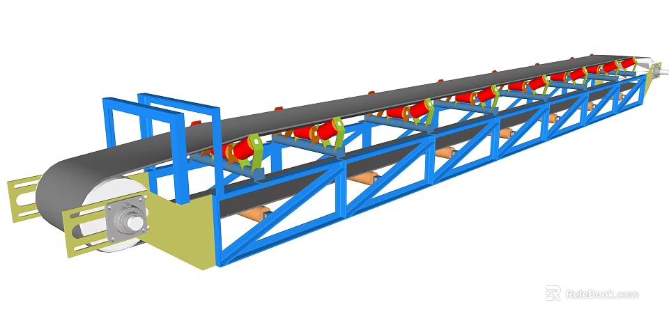 Industrial Conveyor System With Blue Frame And Rotating Rollers For Material Transport 3d model