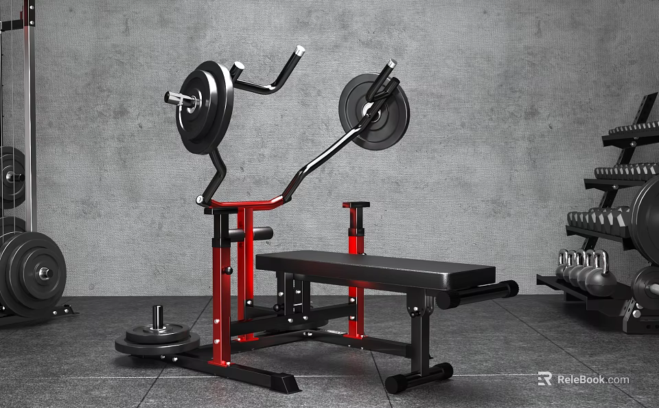 Modern Fitness Training Area With Weight Bench Barbell Dumbbells Gray Wall And Floor 3d model 