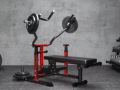 Modern Fitness Training Area With Weight Bench Barbell Dumbbells Gray Wall And Floor 3d model
