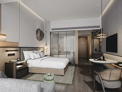 Modern Hotel Room Interior With Comfortable Bed Sofa TV Table Chair And Decorative Lighting 3d model
