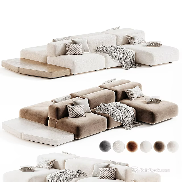 Modern Sectional Sofa With Neutral Beige Brown Tones Pillows And Throw Blanket 3d model 