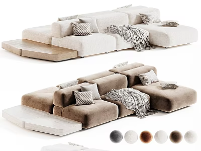 Modern Sectional Sofa With Neutral Beige Brown Tones Pillows And Throw Blanket 3d model