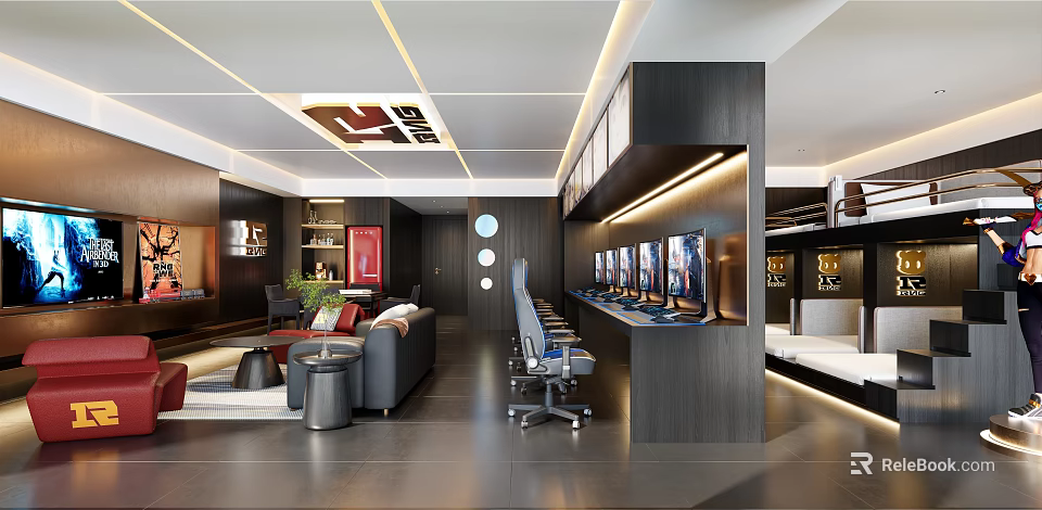 Modern Designed Hotel Room With Gaming Screens Sofas And Chairs 3d model