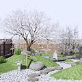 Serene Karesansui Dry Landscape Garden With Mossy Stones Cherry Blossom Trees And Raked Gravel Pathway