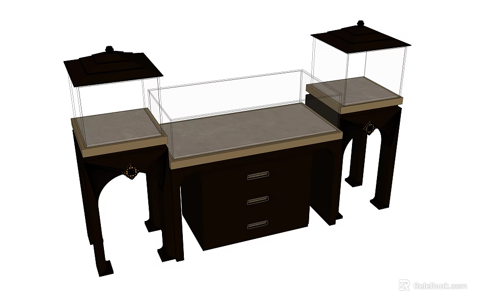 Elegant Wooden Display Showcase Shelving With Glass Cover And Drawer Storage Units 3d model 