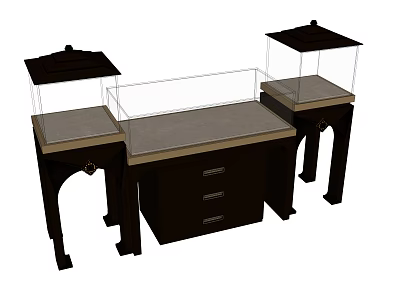 Elegant Wooden Display Showcase Shelving With Glass Cover And Drawer Storage Units 3d model