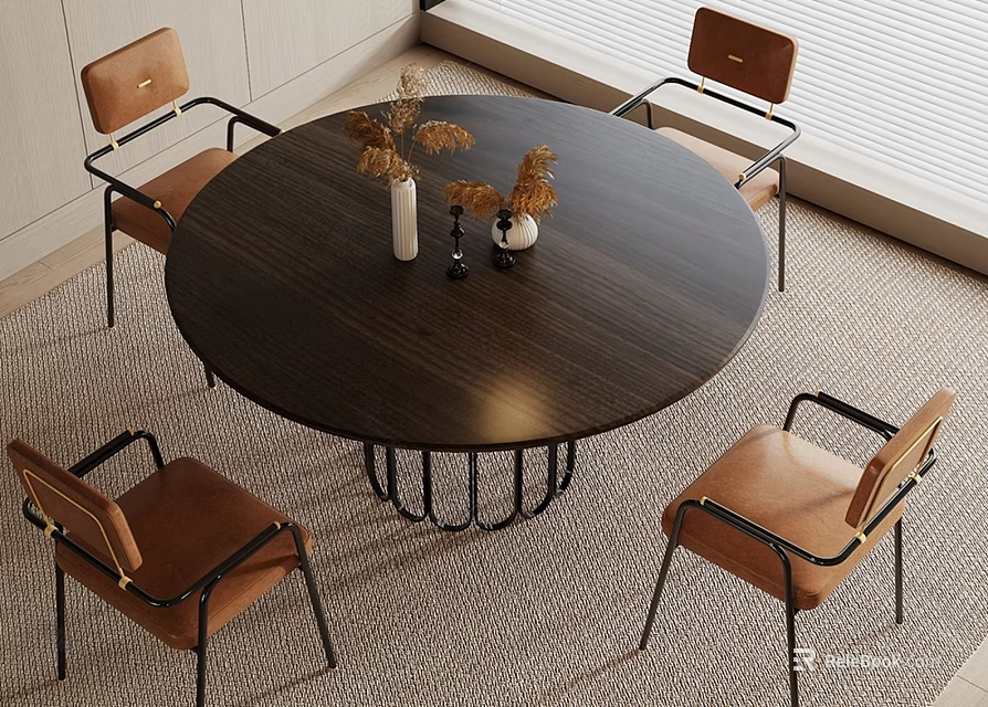 Round Dark Wood Dining Table Set With Four Brown Leather Chairs And Black Metal Frame 3d model 