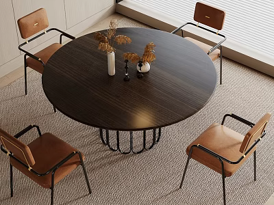 Round Dark Wood Dining Table Set With Four Brown Leather Chairs And Black Metal Frame 3d model